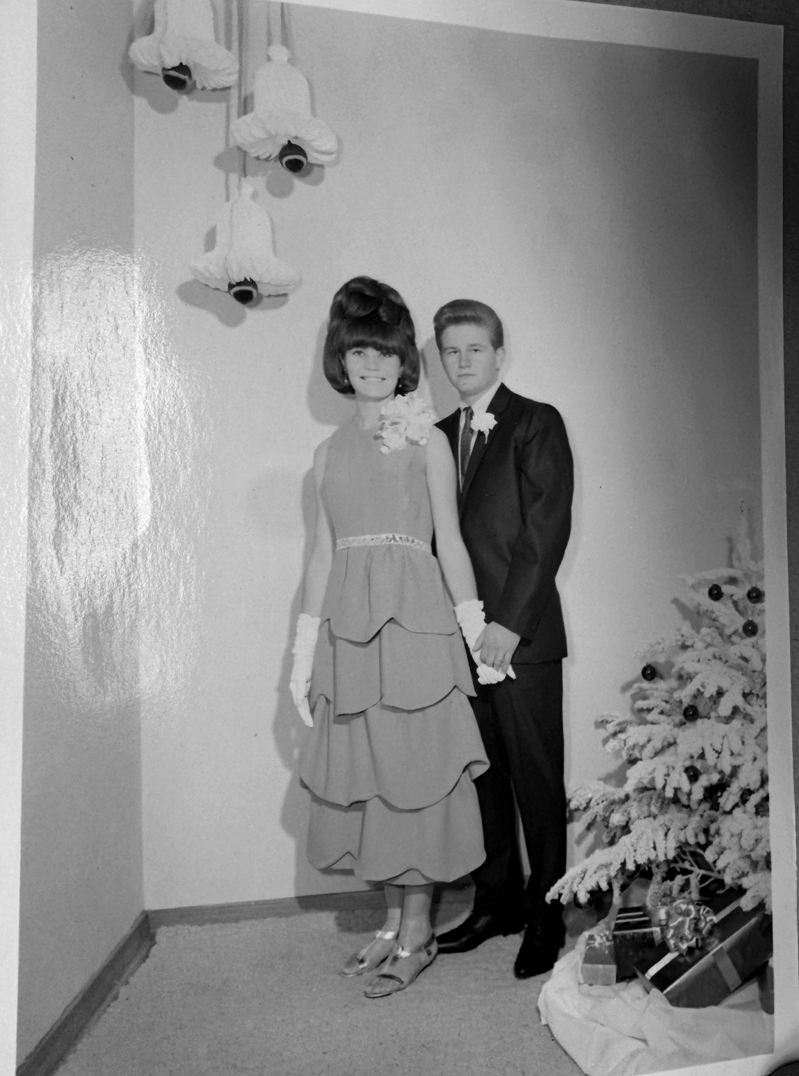 Vintage photograph of Joe and Debbie Wilhite at a dance, in black and white