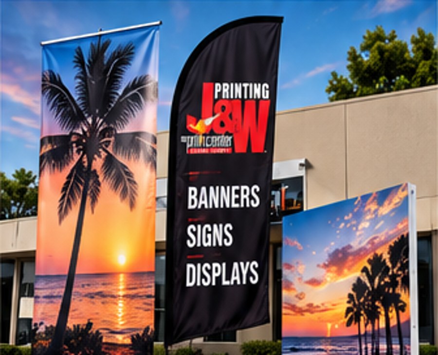 Banner stands, feather flag, and rigid large-format sign display